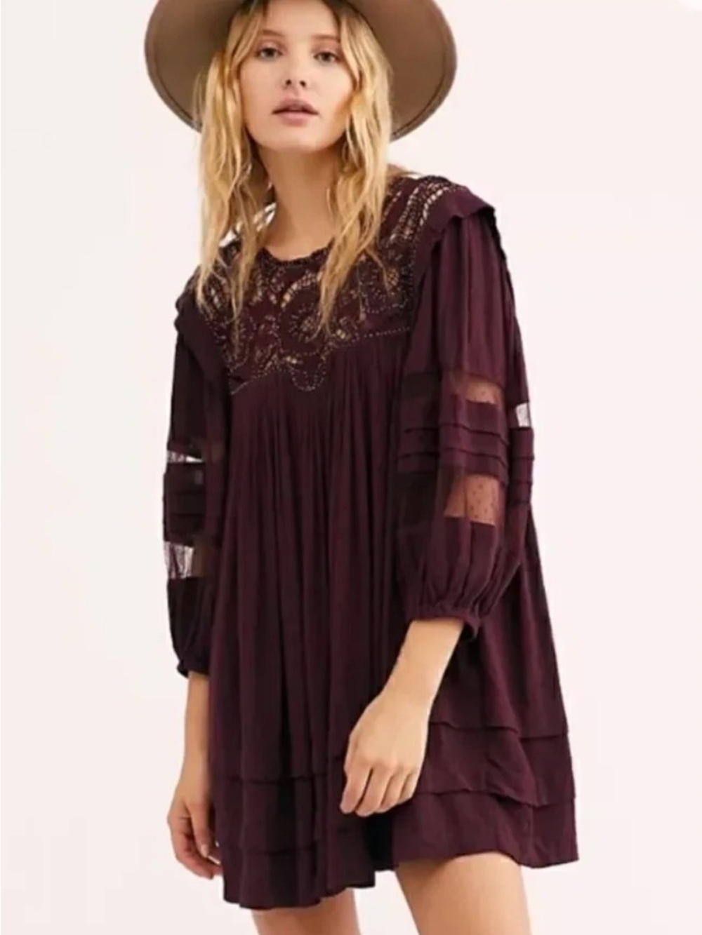 Free People Womens Embroidered Tunic Dress Sz Small Maroon 3/4th Sleeve Boho